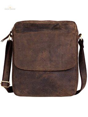 Leather Crossbody Messenger Bag Tablet Satchel Adjustable Strap Buckle